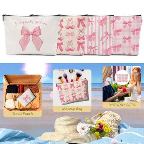 4Pcs Pink Coquette Bow Makeup Bag, Preppy Cosmetic Bags Zipper Pouch Travel Toiletry Bag, Pink Trendy Gifts for Women Girls Coworker Friends Travel Storage Accessories Birthday Christmas Gifts-2