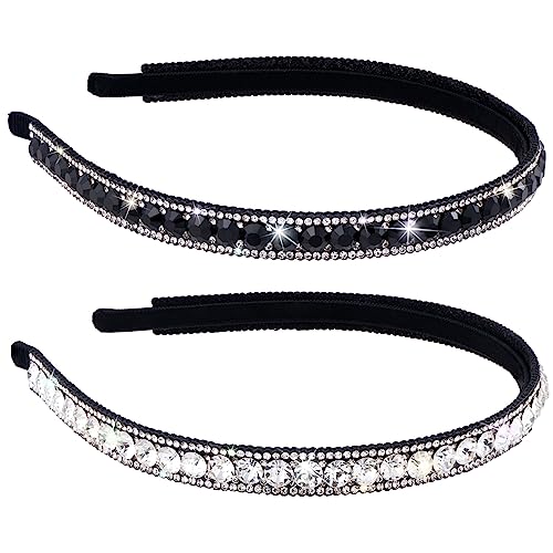 2 Pack Non-Slip Rhinestone Headbands for Women, Sparkling Crystal Hair Bands for Bridal Wedding, Bling Diamond Hair styling Clips Accessories for Girls- Black & White