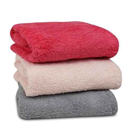 Textila 100% Cotton Hair Wrap Towels for Women, (Pack of 3 - Raspberry, Pink & Grey) Head Towel Cap, Cotton Hair Turban Towel Wrap for Long Curly Anti Frizz Hair, Soft and Absorbent Cotton Hair Towels
