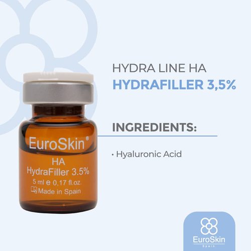 EuroSkin Hydra line hyaluronic acid. Hydrafiller 3.5%. Hyaluronic acid revitalizes and hydrates the skin. Aestheticians' favorite serum. 5 vials x 10 ml / 5 vials x 0,17 fl. oz.