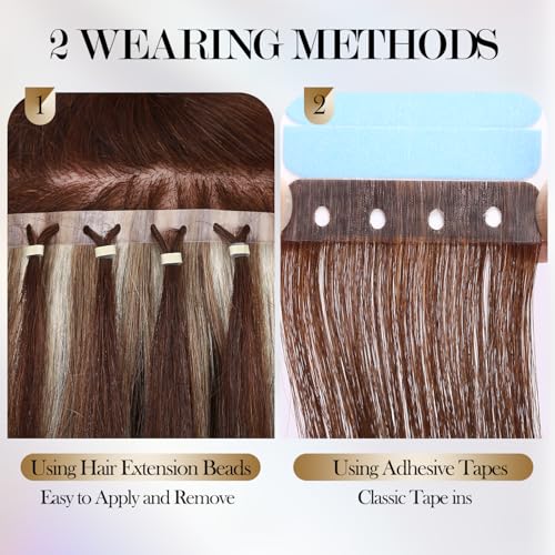 Invisible Hole Weft Human Hair Extensions Micro Link Hair Extensions 9A/P60 Highlight Blonde Glueless Skin Weft Human Hair Extensions Seamless No Tape In Hair Extension for Women (70g 8Pcs,18 Inch)