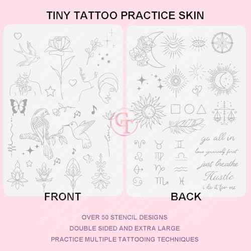 1PC White Tiny Tattoo Practice Skin - Double Sided Silicone Tattoo Training Pads With Over 50 Different Stencil Designs