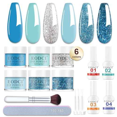 12 Pcs Dip Powder Nail Kit Starter, 6 Colors Glitter Blue Snow Dipping Powder Kit With Base & Top Coat/Activator/Brush Saver, Nail Art Manicure Salon DIY for Daily at Home Party Gifts for Women