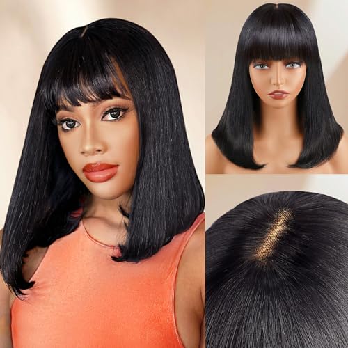 Lativ Bob Wig with Bangs Human Hair 4x2 Lace Bob Wig Human Hair with Bangs 150% Density Middle Part Natural Black(16 Inch,Bob With Bangs)