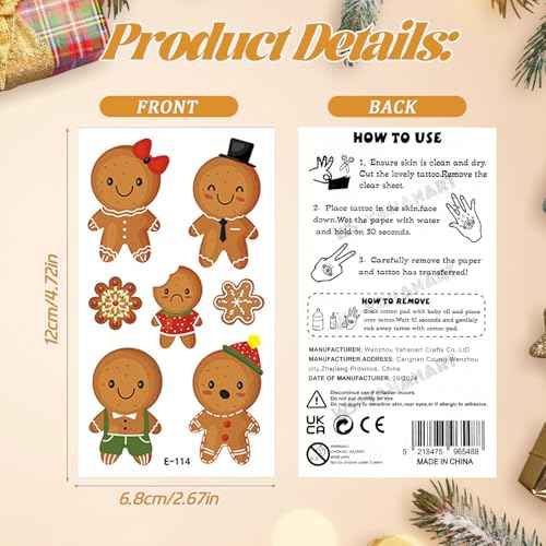 HOWAF 60+Pcs Christmas Gingerbread Temporary Tattoos Stickers for Kids,Funny Gingerbread Man Tattoos for Christmas Party Favor, Xmas Gingerbread Santa Claus Prizes Themed