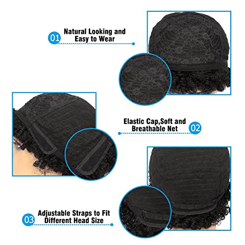 Star Flower Short Curly Wigs Human Hair Afro Kinky Curly Wig Pixie Cut Wig Human Hair 150% Density None Lace Front Black Wigs