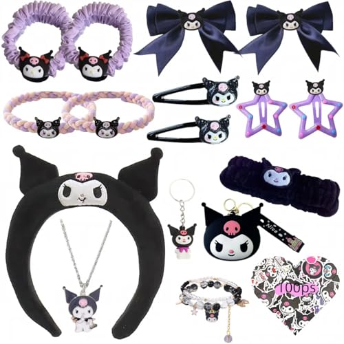 117Pcs Kawaii Cute Stuff Gifts Set Include Headband,Pouch, Hair Band, Hair Ties & Clips, Hairpin, Stickers, Necklace,Bracelet, Keychain(Black)
