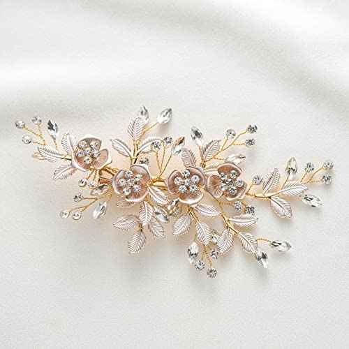 SWEETV Light Rose Gold Wedding Clip Rhinestone Bridal Comb Barrette - Handmade Flower Clip Head Pieces for Women