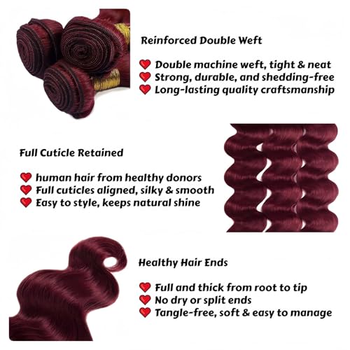 99J Burgundy Body Wave Human Hair Bundles 24 26 28 Inch 3 Bundles Brazilian Virgin Remy Hair Extensions Weave Soft Bouncy Curly Sew In for Black Women