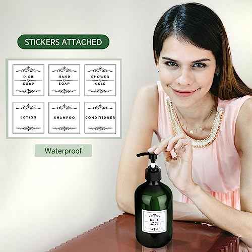 2 Pack Pump Bottles Dispenser 16.9 OZ 500ml Bathroom Countertop Pump Dispensers Refillable Plastic Containers for Lotion Shampoo Body Wash Hand Dish Soap Kitchen Accessories with Waterproof Labels