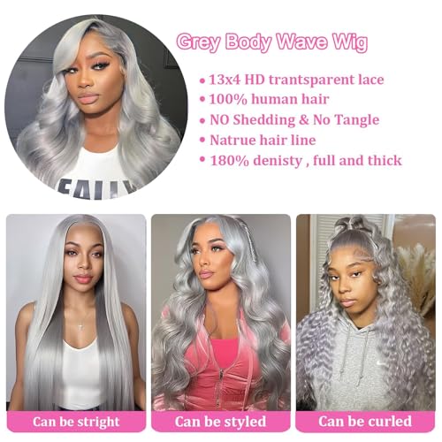 20 Inch Grey Body Wave Lace Front Wigs Human Hair 180 Density HD Transparent 13x4 Lace Frontal Wig Pre Plucked With Baby Hair Gray Lace Closure Glueless Wigs For Women