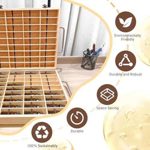 Pure Vie Wooden Essential Oil Storage Box Travel Organizer Case with Bottle Cap Label - Aromatherapy Nail Polish Fragrance Container, Holds 72 Bottle for 5-15ml - Keep Scented Oil Safe & Space Saver