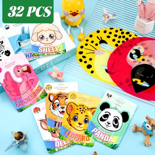 32 Pcs Animal Face Masks Bulk Spa Sheet Skincare Facial Mask Funny Face Skin Care for Women Girls Sleepover Slumber Party