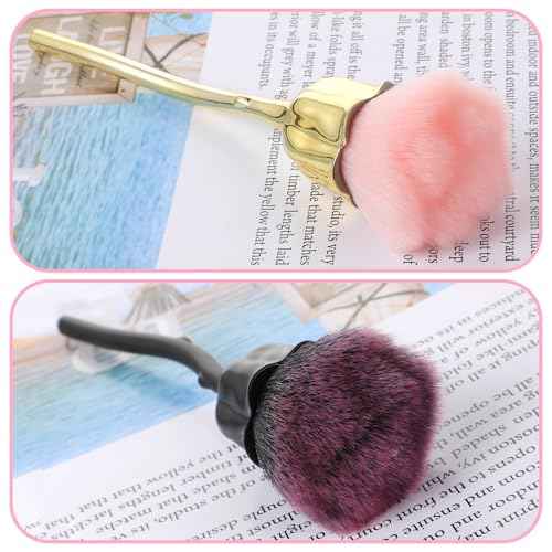 2Pcs Nail Dust Brush, Ultra Soft Nylon Powder Remover for Nails with Rose Shape Long Handle, Nail Art Cleaner Tools for Nails Trimming Cleaning Makeup (Black, Gold)