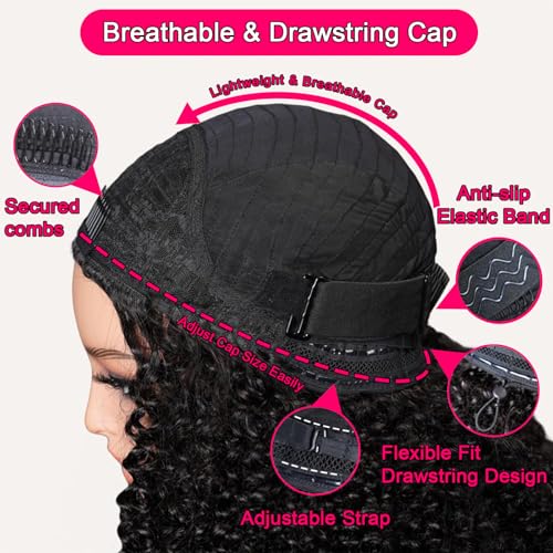 Kinky Curly Half Wig Human Hair 200 Density 3 In 1 Seamless Flip Over Half Wigs Human Hair Glueless Kinky Curly Wig Human Hair Drawstring Headband Wig for Women 20 Inch