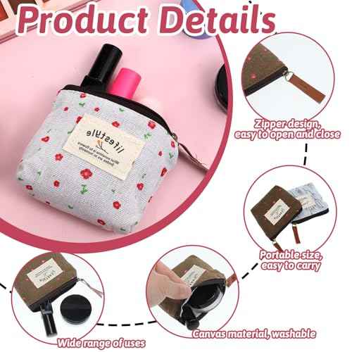 Mini Makeup Bag, 4 Pcs Linen Floral Small Makeup Bag for Purse Portable Small Zipper Pouch Cute Fabric Mini Cosmetic Bags for Women Girls Home Travel Lipstick Coin Cards Storage (4 Style)