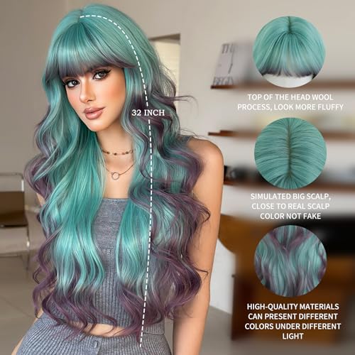 7JHH WIGS 31in Turquoise Long Wavy Bangs Purple Highlight Wigs Mixed Light Green Ombre Lavender Purple Heat Resistant Synthetic Fiber Women Wavy Curly Wigs for Christmas Daily Party Daily Used