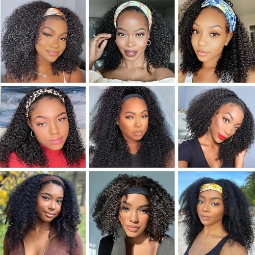 Aiterina Kinky Curly Human Hair Wig - 16 inch Natural Color, No Gel Remy Hair, Lace Front, Machine Made, Curly Scarf Wig for Black Women