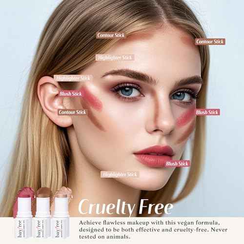 KIMUSE Face Sticks Trio, Cream Blush Stick & Highlighter Stick & Contour Stick for Sculpt the Cheeks, Long Lasting Cream Contour Stick Trio for Face Makeup, with Brush