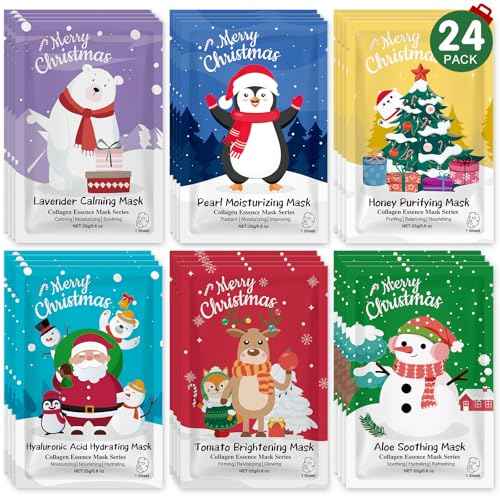 24 Pack Christmas Facial Masks for Stocking Stuffers, Hydrating Sheet Face Masks Skincare, Bulk Facial Masks Set for Women Skin Care, Christmas Gifts for Women