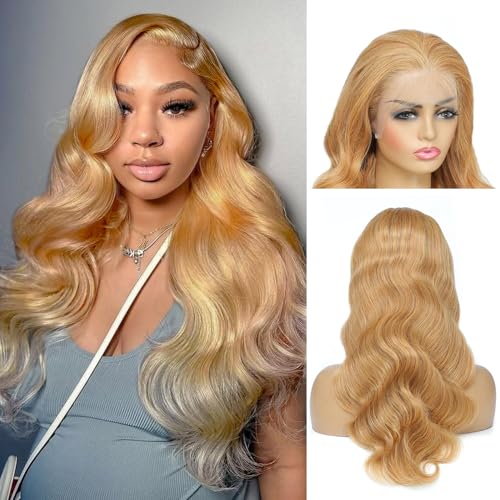Honey Blonde Lace Front Wig 13x6 HD Lace Front Wigs Human Hair Pre Plucked 27# Blonde Body Wave Lace Wig 180 Density Colored Glueless Frontal Wigs For Black Women Human Hair 13x6 24 Inch