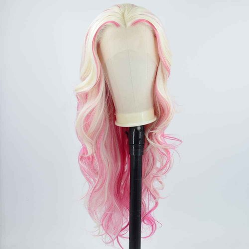 ZHYWIGS Long Wavy Hot Pink White Lace Front Wig Pink Skunk Stripe Platinum Blonde New Synthetic Hair For Women