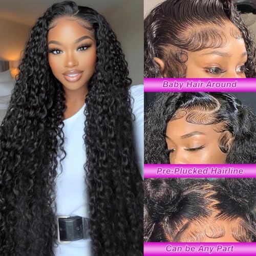 Deep Wave Lace Front Wigs Human Hair 13x6 HD Transparent Lace Front Wigs Human Hair 200% Density Deep Curly Human Hair Wig Pre Plucked Deep Wave Frontal Wigs Natural Color 22 Inch