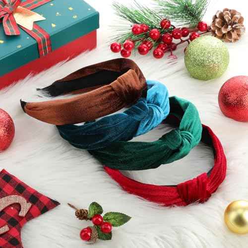 4 Pcs Velvet Knotted Headband for Women Christmas Red Green Blue Brown Hairband Wide Fashion Hair Band for Women Girls No Slip Turban Outfit for Holiday Party Hair Accessories Gifts