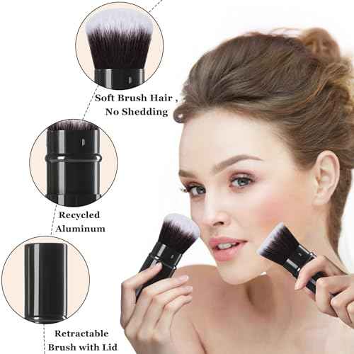 Retractable Makeup Brush 2 Pack, Travel Kabuki Powder Foundation Makeup Brush Face Blush Brushes for Blending Liquid, Blush, Bronzer, Buffing, Sunscreen,Flawless Cosmetics