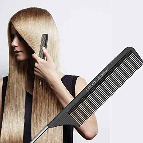 Professional 8.8 Inch Tail Comb - Black Carbon Fiber And Stainless Steel Pintail - Anti Static And Heat Resistant Teasing Lightweight Comb For All Hair Types