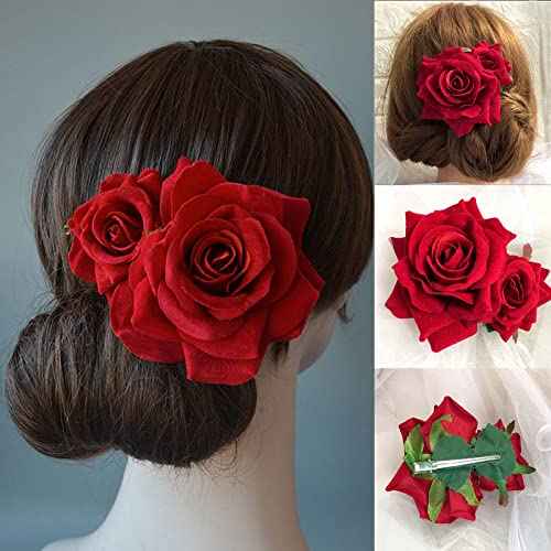 Flower Hair Combs, Rose Flower Bohemia Hairpin Bride Costume Hair Decor for Party Wedding Red(1pc)