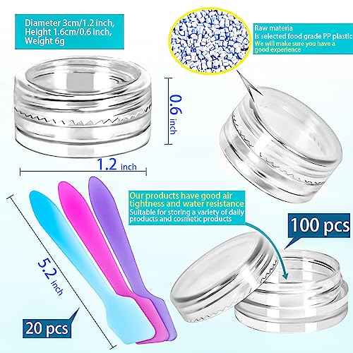 MotBach 100 Pcs 3g Empty Plastic Containers with Lids,Tiny Makeup Sample Containers Small Pot Jars Clear Round Cosmetic Jars with 20 Pcs Mini Spatulas for Liquid Sample Powder Creams (Clear Lid)