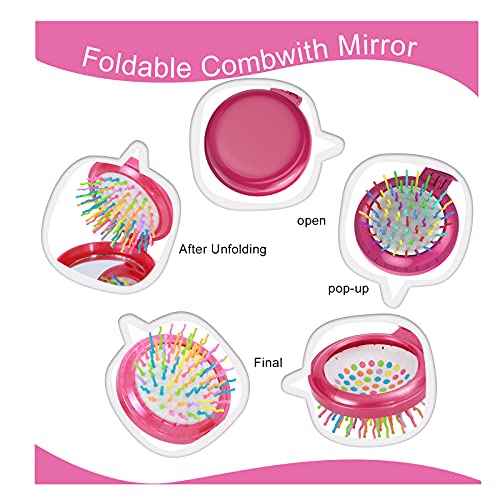 Hair Brush, 8 Pcs Folding Travel Mirror Hair Brushes Round, Compact Portable Hair Brush with Mini Mirror for Women Girls
