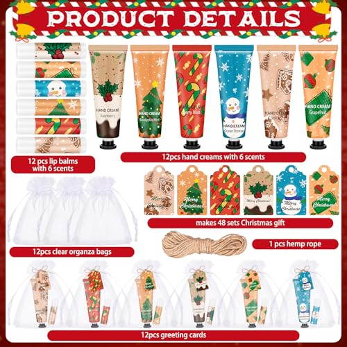 Loopeer 12 Sets/48 Pcs Christmas Hand Cream and Lip Balm Gift Set for Women Bulk Mini Hand Lotion Travel Size for Dry Skin Stocking Stuffers with Greeting Card Organza Bags for Coworker Employee