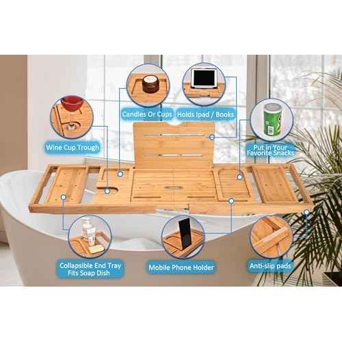 Expandable Folding Bathtub Tray and Tub Pillow, with Handmade Shower Cap and Bathing Luffa Noodle 2-Piece Set