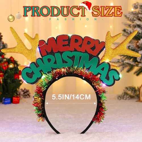 ACEDRE Light Up Merry Christmas Headband Glowing Led Xmas Reindeer Antlers Headpiece Holiday Festive Costume Hair Accessory for Women