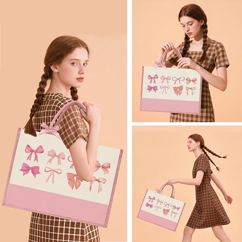 Bow Tote Bag Coquette Pink Bow Preppy Makeup Bag Set Cute Aesthetic Pink Bow Canvas Reusable Grocery Shopping Bag