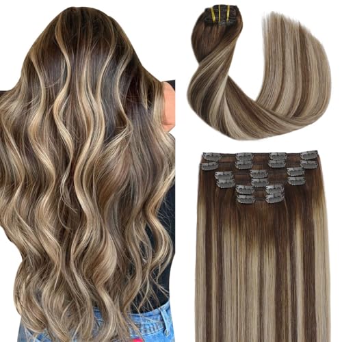 Sindra Clip in Hair Extensions Real Human Hair 18Inch Balayage Chocolate Brown Ombre Caramel Brown Hair Extensions Real Human Hair Clip ins Remy Straight For Woman 120G 6Pcs(clip#4/27/4 18inch)