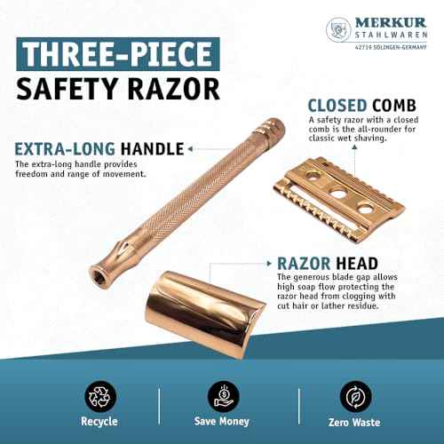 MERKUR 24G Safety Razor For Women with 10 Double Edge Blades | Extra Long Handle | Three-piece Razor | Straight Cut | Rose Gold Finish | Made in Germany
