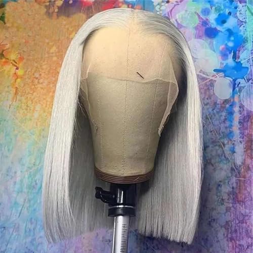 14 Inch Grey Bob Wig Human Hair Pre Plucked Long Straight 13x4 Hd Transparent Lace Frontal Bob Wigs for Black Women 180% Density Silver Grey Glueless Blunt Cut Bob Wig with Baby Hair 180% Density