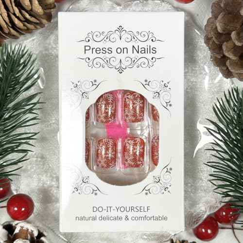 Christmas Red Press on Nails Short Square Fake Nails with Snowflake Designs Red Glossy Artificial Nails Full Cover Stick on Nails Christmas Glue on Nails for Women Nail Art DIY 24Pcs