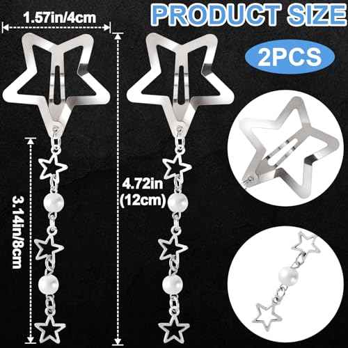 2pcs Star Pearl Snap Hair Clips, y2k Silver Hair Barrettes Cute Tassel Metal Hair Pins Wedding Prom Hair Styling Accessories for Women Girls Gift