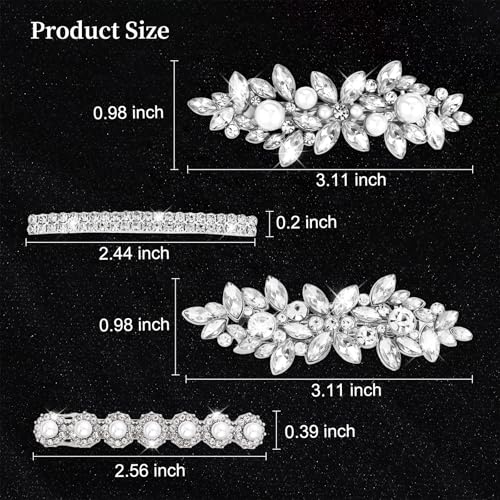 4PCS Rhinestone Hair Clips, Silver Sparkly Pearl Wedding Hair Barrettes, Elegant Metal Alloy Rhinestone Hair Accessories for Women Girls