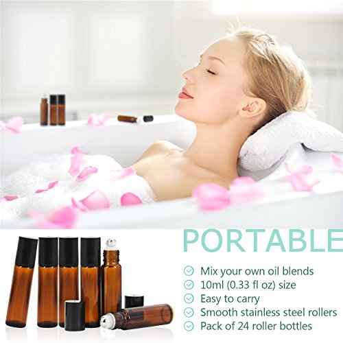 Mavogel 24pack, 10ml Roller Bottles for Essential Oils - Amber, Glass with Stainless Steel Roller Balls (3 Extra Roller Balls, 54 Pieces Labels, Opener, Funnel, Dropper, Brush Included)