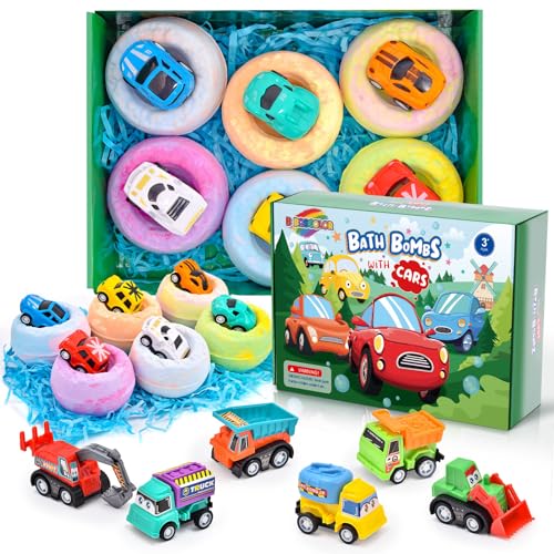 6 Pack Natural Bath Bombs for Kids Pull-Back Cars Organic Rich Foam Color Bubble Set Boys Girls Surprise Toys Christmas Gift for Toddlers
