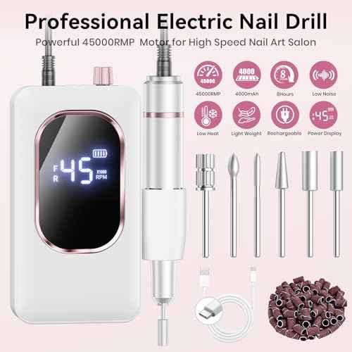Professional Electric Nail Drill 45000RPM, Portable Nail File for Acrylic Gel Nails, Cordless Rechargeable Salon-Grade Ultra Power Nail Drill Kit for Shaping, Polishing & Removing Gel Nails