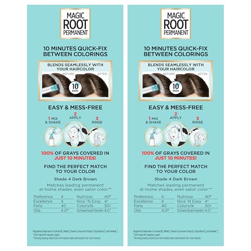 L'Oreal Paris Magic Root Rescue 10 Minute Root Hair Coloring Kit, Permanent Hair Color with Quick Precision Applicator, 100 percent Gray Coverage, 4 Dark Brown, 2 count