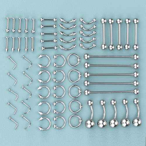120PCS Body Piercing Kit Surgical Steel 14G 16G 20G BCR CBR Labret Lip Rings Cartilage Daith Earrings Nose Septum Nose Studs Belly Button Rings Jewelry Needles Gloves Clamps Tools