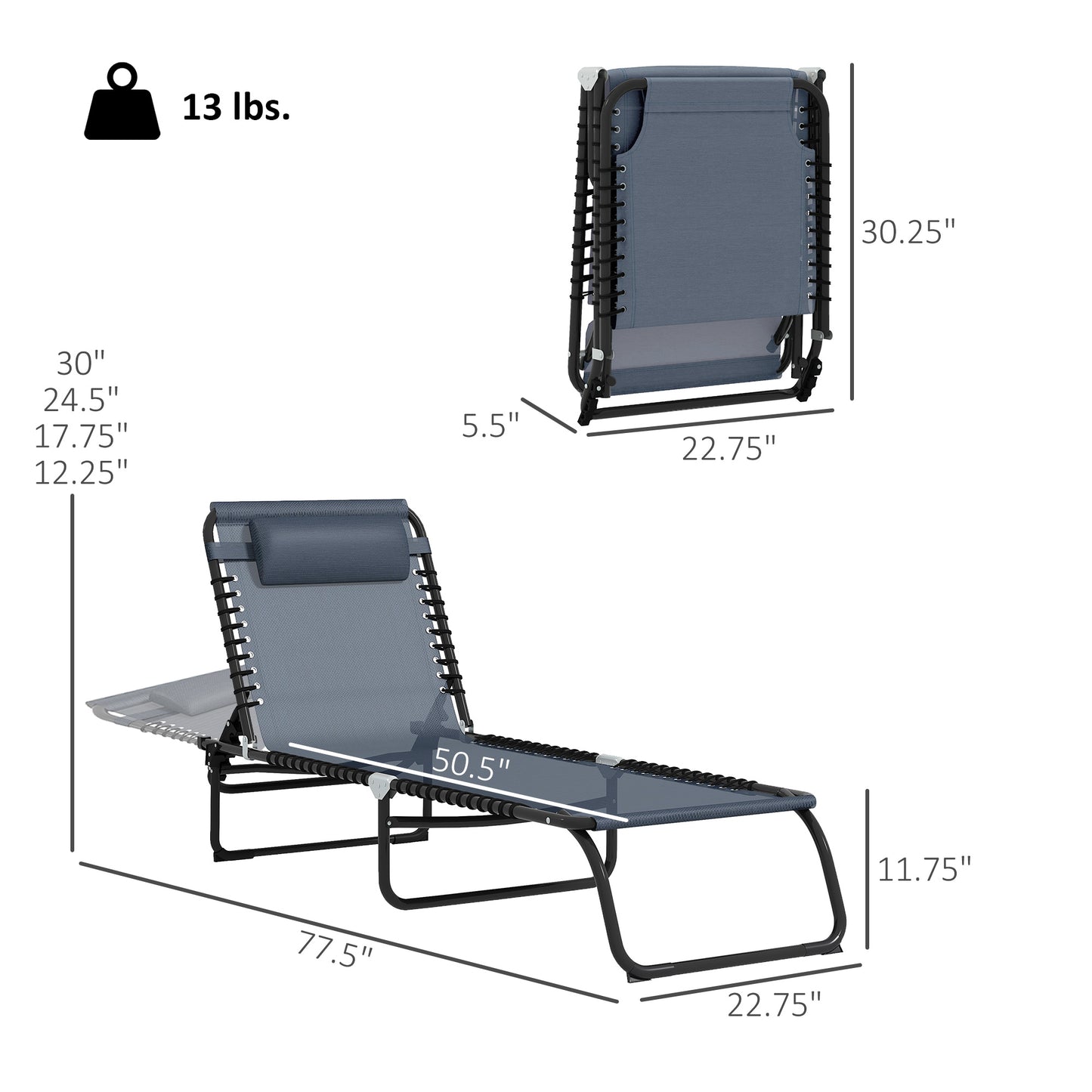 Folding Chaise Lounge Chair - 4-Position Reclining, Gray