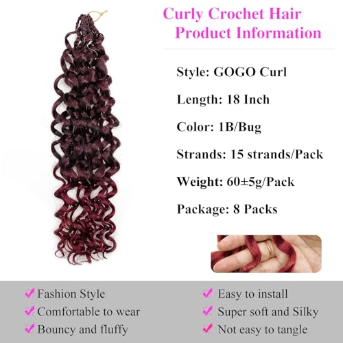 18 Inch Pre Looped Crochet Hair for Black Women - Gogo Curl/Beach Curl/Ocean/Water/Deep Wave Crochet Hair 8 Packs, Synthetic Hair Tangle-Free Natural Look Curly Hair Extensions (1B/BUG)
